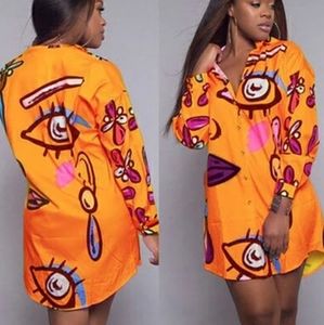Modern Art Cartoon Orange Button Down Tshirt Dress